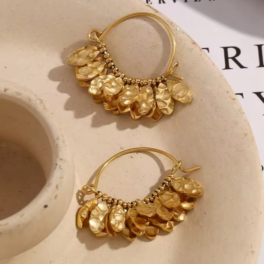 ◾️18k Gold Plated Bohemian Style Leaves Hammered Texture  Earrings